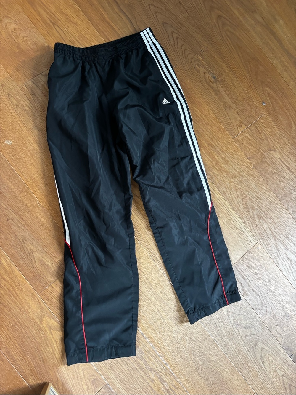 adidas Black Track Pants with White Stripes and Red Piping
